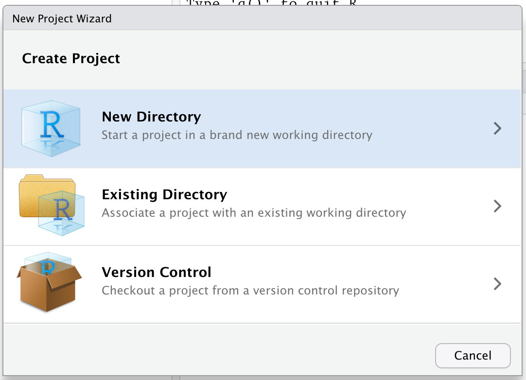 A screenshot of starting a New Directory for a New Project in R