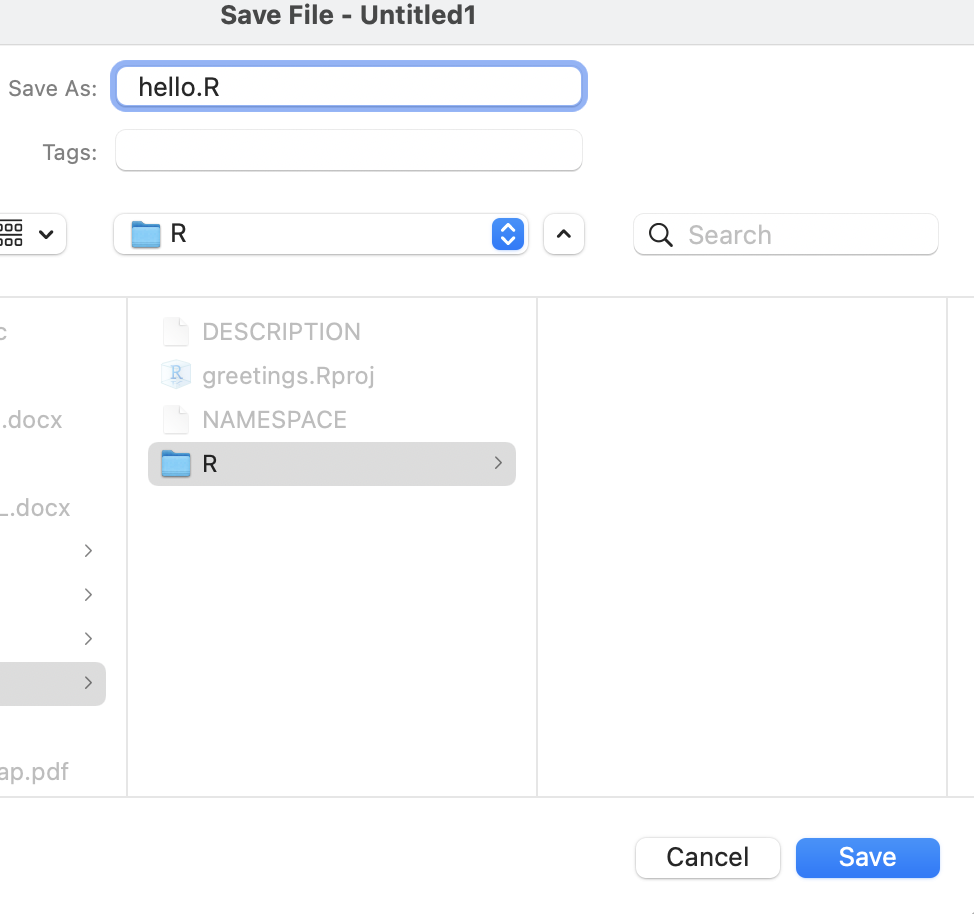 Saving a new R Script file called hello.R