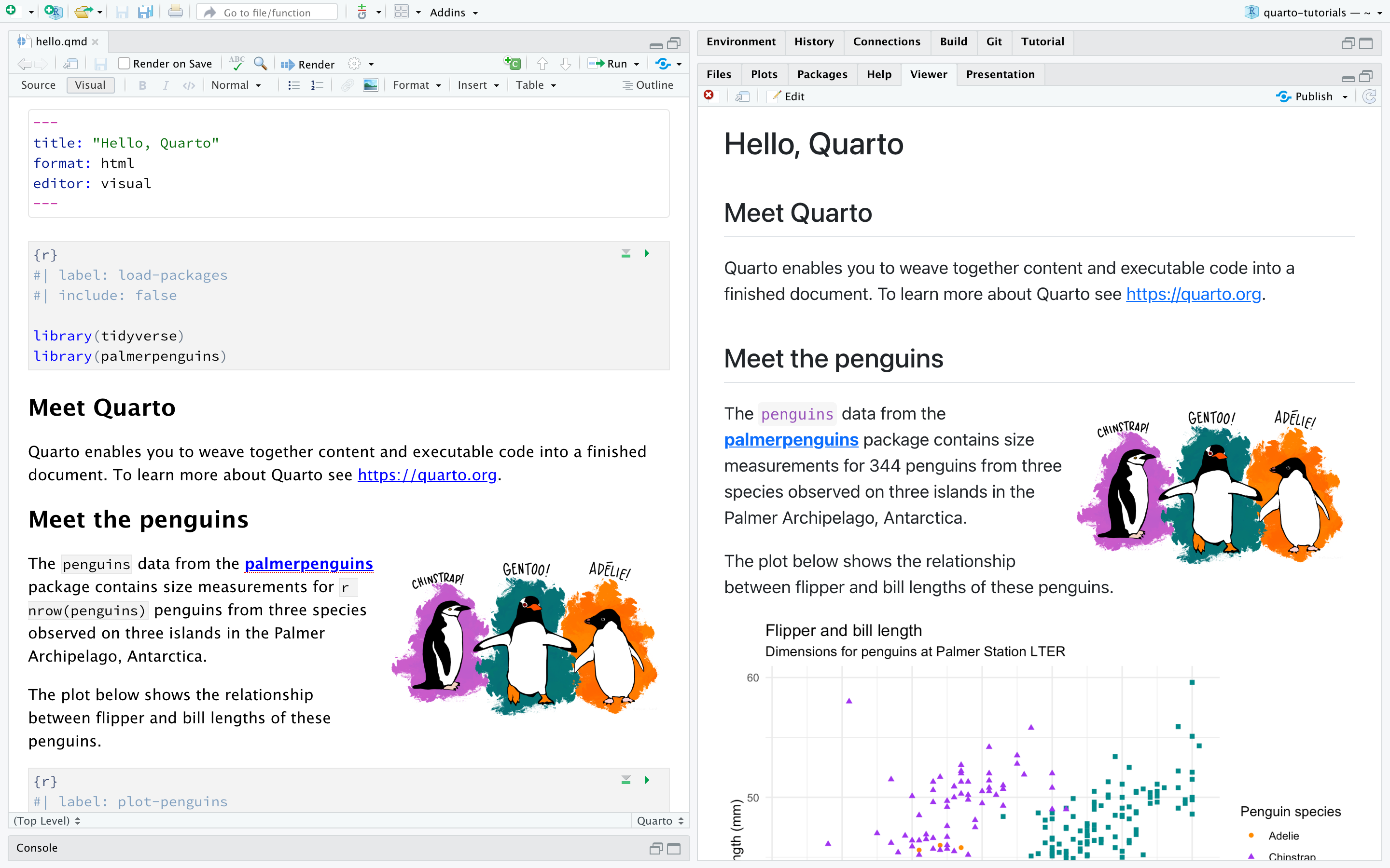 RStudio with a Quarto document titled "Penguins, meet Quarto!" open on the left side and the rendered version of the document on the right side.